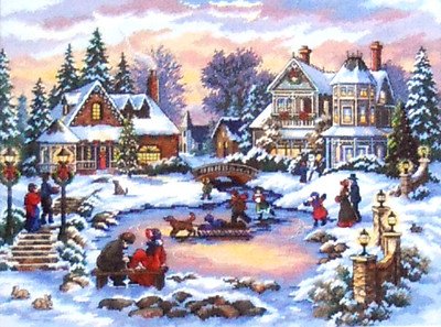 Tableau Décoratif Peinture Village d'Hiver Enneigé