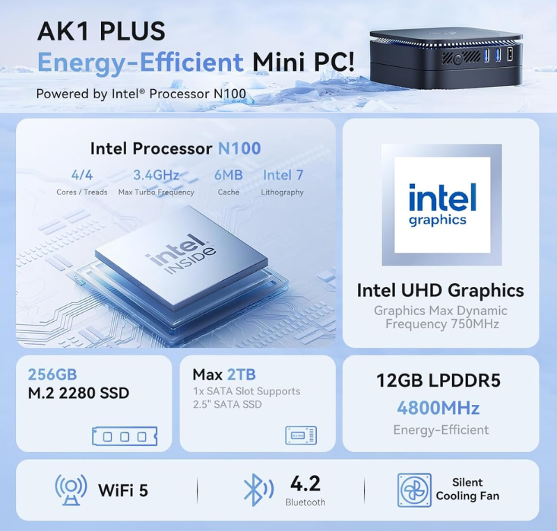 Mini-PC NiPoGi AK1 Plus avec Intel Alder Lake-N N100 4 cœurs 3,4 GHz, 12 Go