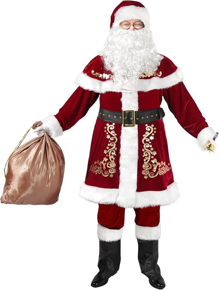 Santa Claus Costume for Men 12pcs Complete Christmas for Adult Red Velvet