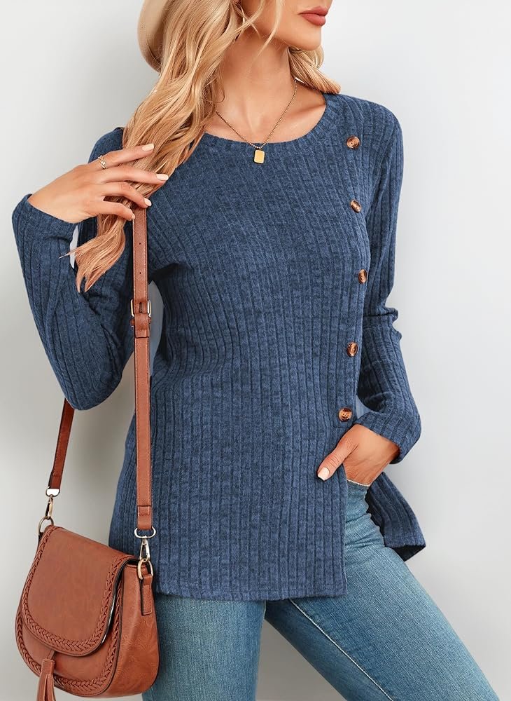 Womens Long Sleeve Button Front Slit Tunic Sweater