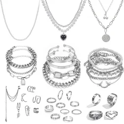 36 pièces Ensemble de bijoux plaqués argent avec 3 colliers, 12 ...