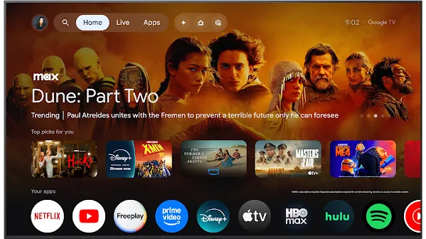 A tablet displaying the homepage of Google TV with various shows and movies on screen. A tablet scre