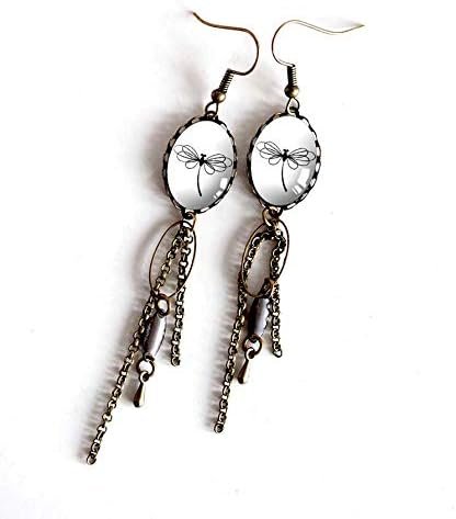 Boucles d'oreilles, pendants, cabochon libellule, noir et blanc ...