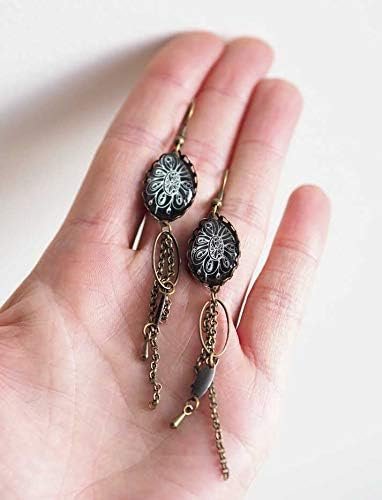 Boucles d'oreilles, pendants, cabochon libellule, noir et blanc ...