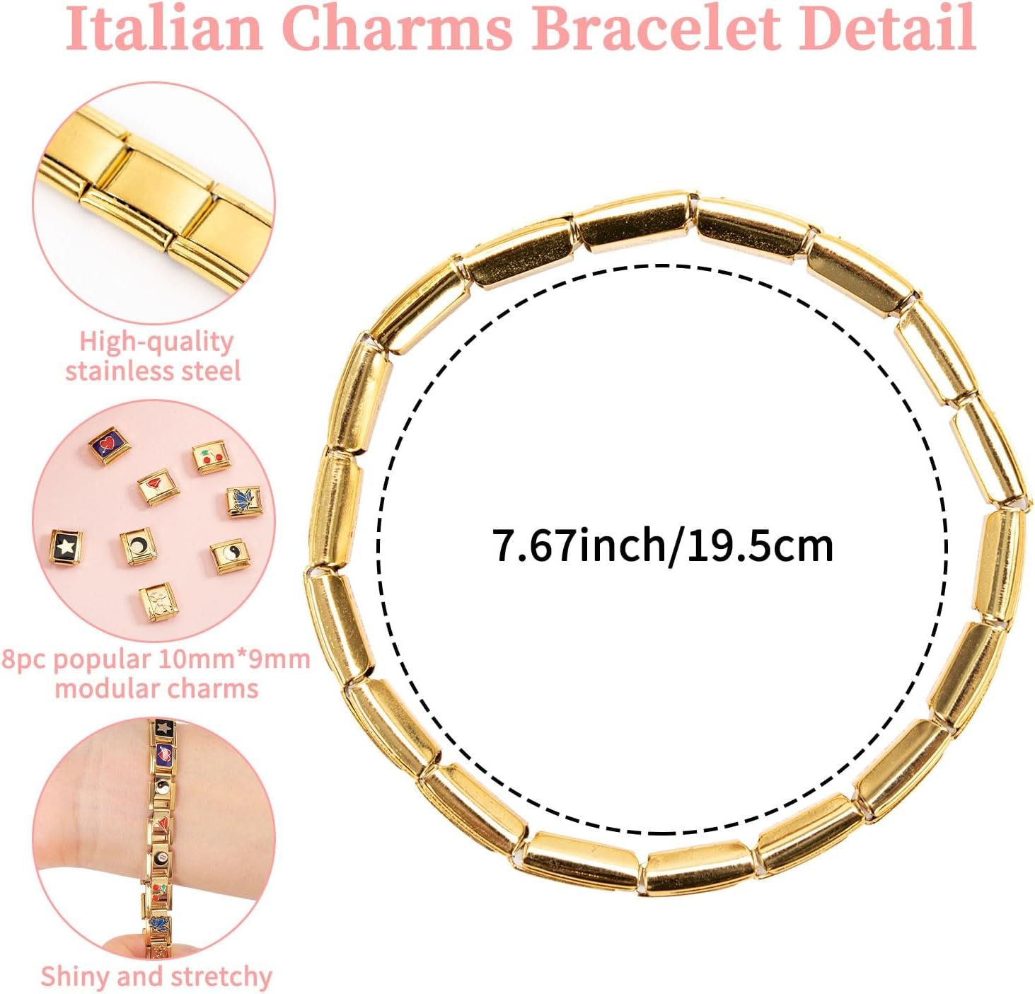 Bracelet Kunoli à breloques en or, avec 8 breloques italiennes ...