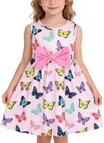 Girls Clothes Set Floral Butterfly Print Bowknot Sleeveless Summer Dress with Long Sleeve Cardigan