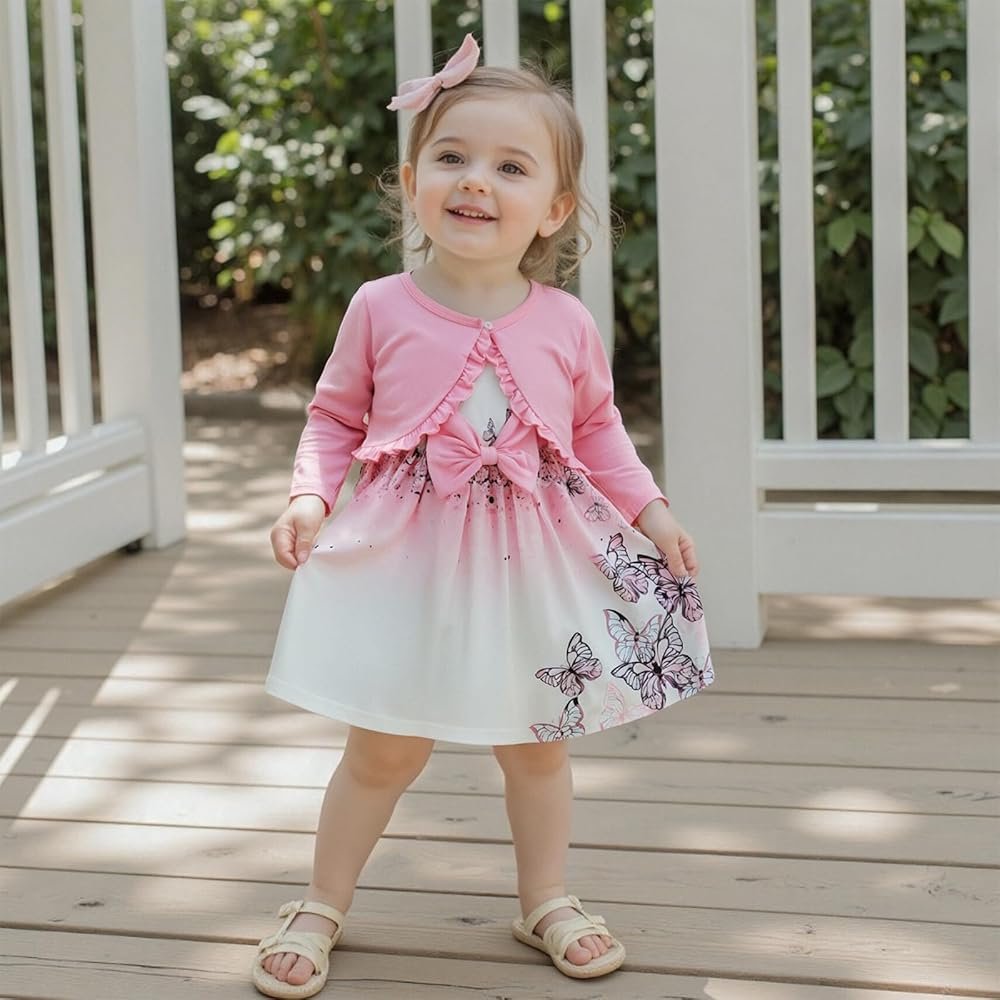 Girls Dress and Cardigan Set with Sleeveless Tank Top and Floral Butterfly