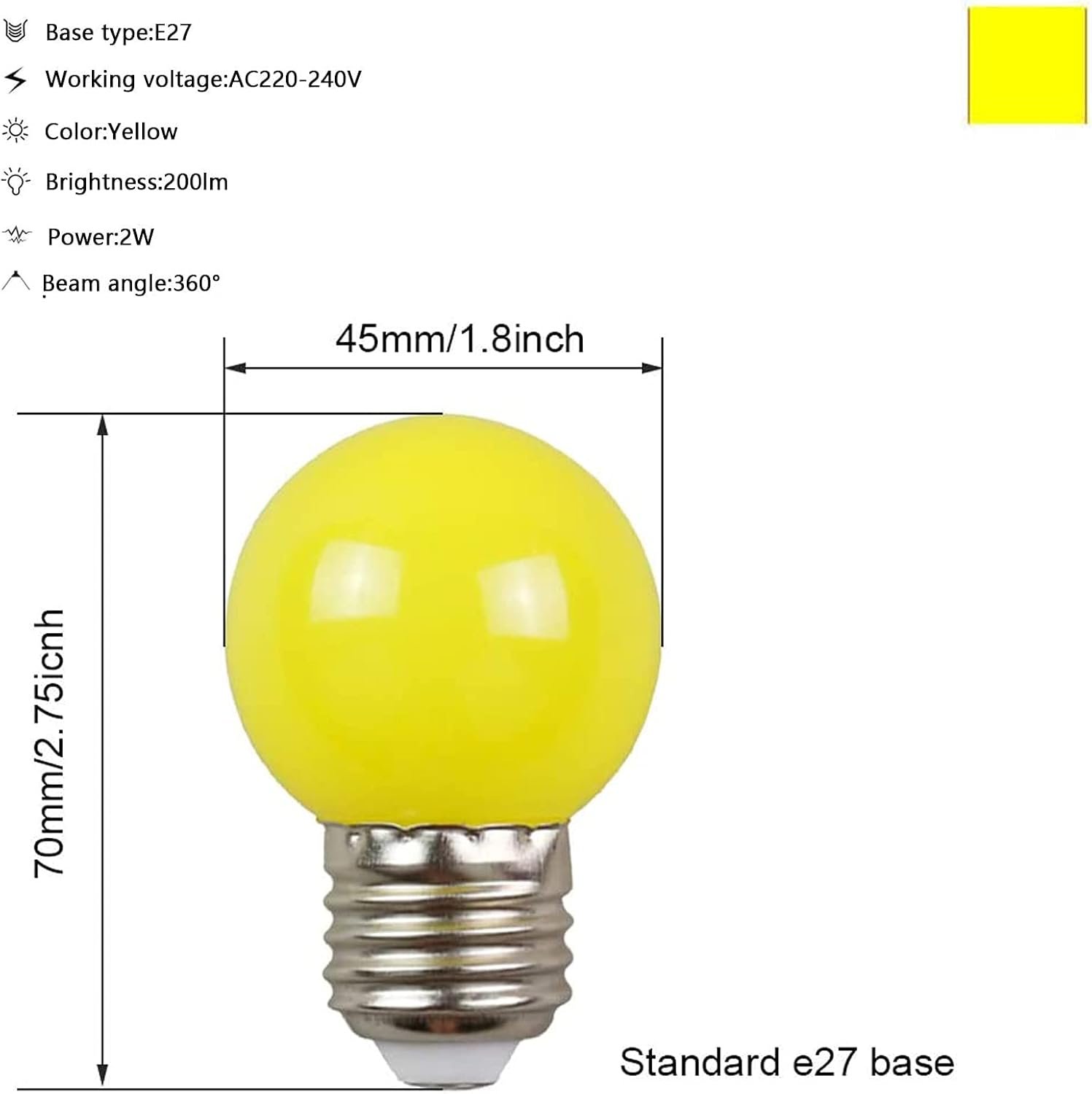 Pack of 10 LED Bulbs E27 G45 2W, AC 220V-240V GolfBall Lantern ...