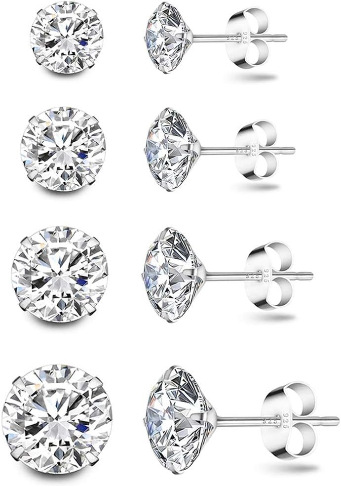 4 Paires Clous d'oreilles en Argent Fin 925 avec Zircones Cubiques ...