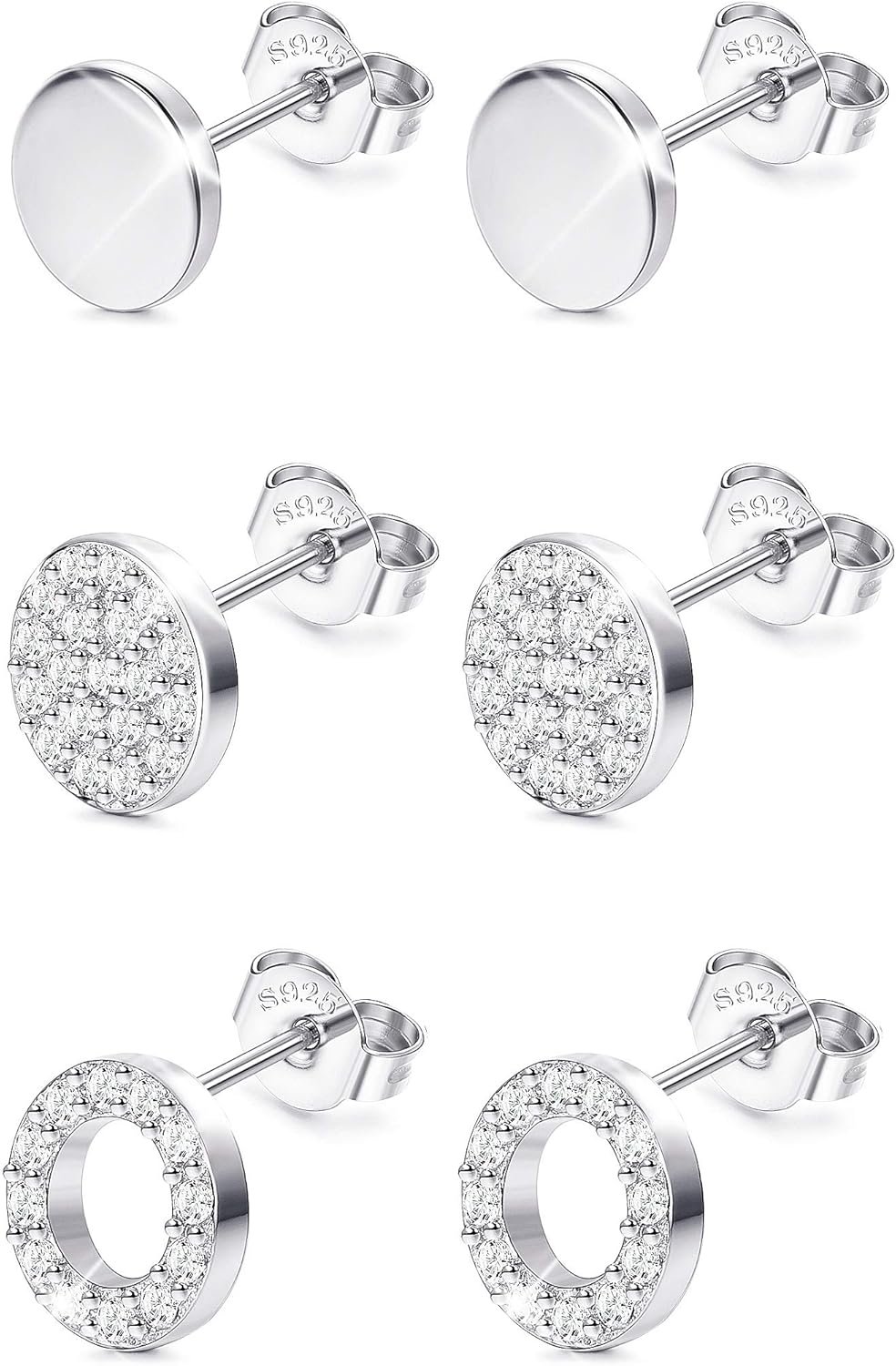 Sllaiss 3 Paires de Boucle d'Oreilles Puces Rondes en Argent 925 ...