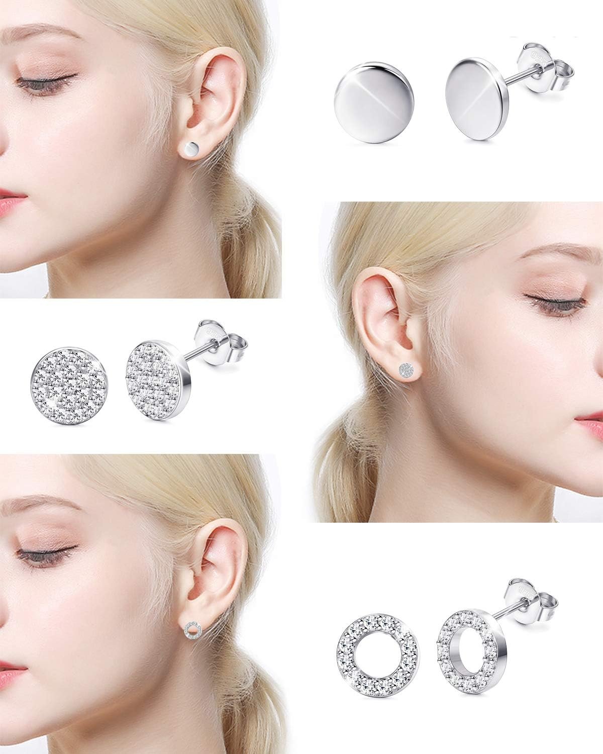 Sllaiss 3 Paires de Boucle d'Oreilles Puces Rondes en Argent 925 ...