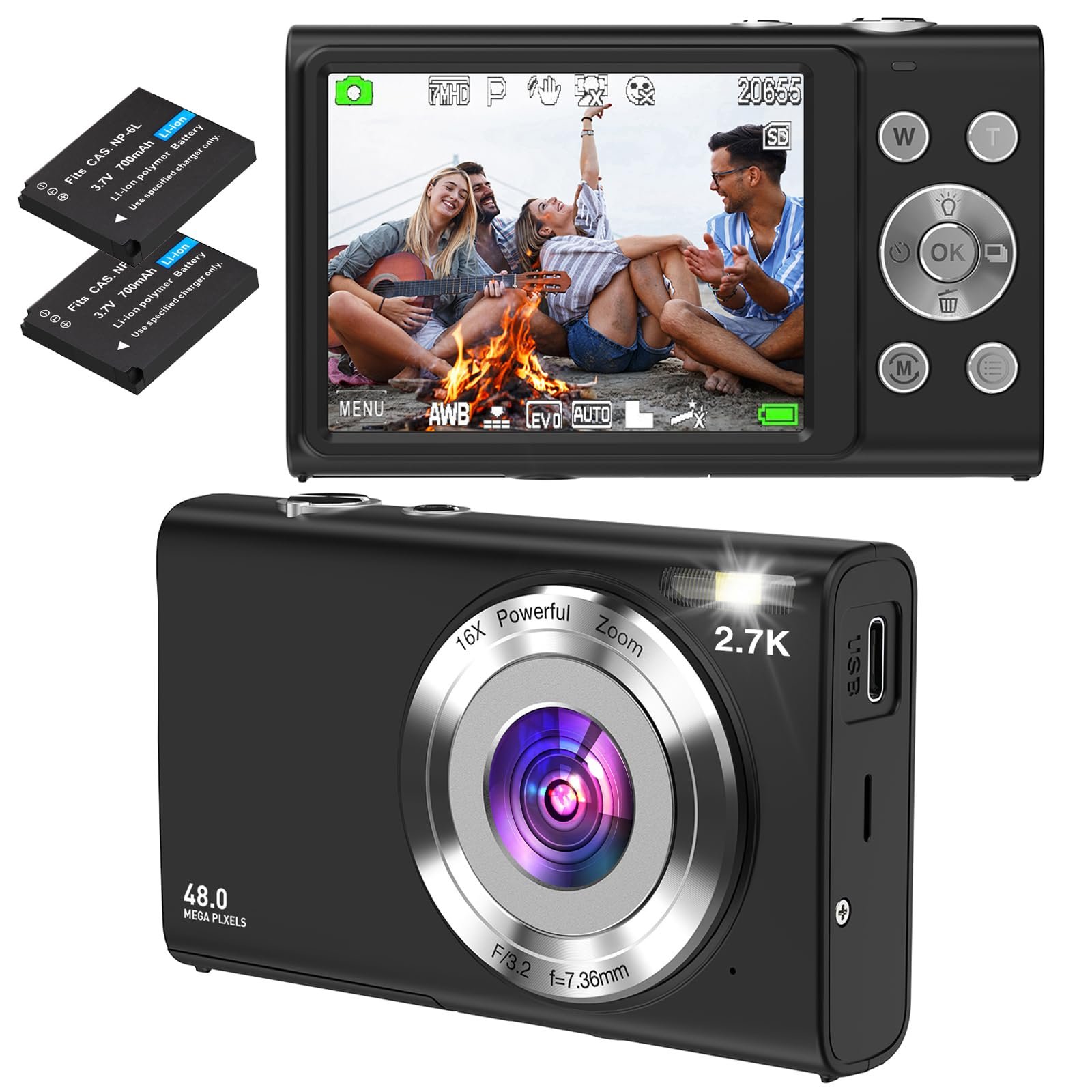 Appareil photo numérique autofocus FHD 2,7K 48 MP compact ...