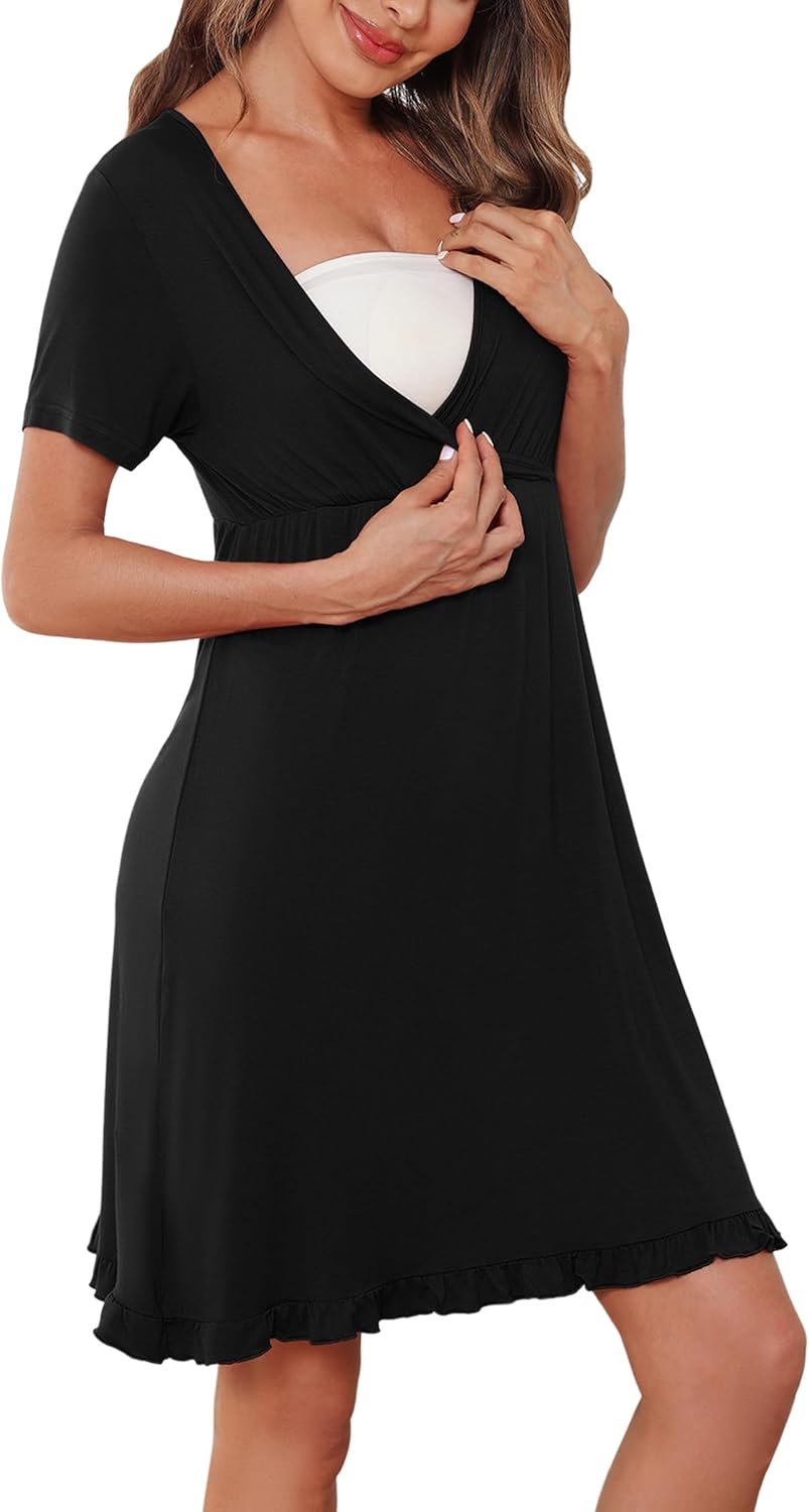 Bresdk Women's Long-Sleeved Nursing Maternity Nightgown with ...