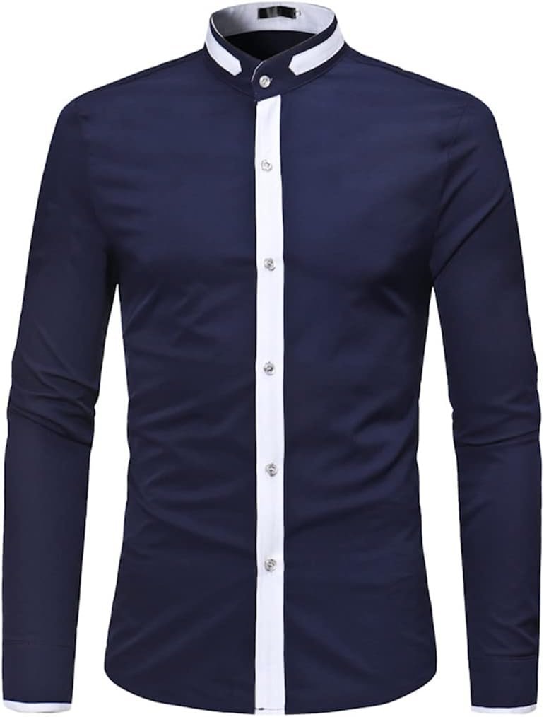 Chemise Homme Slim Fit Bleu Marine Col Mao avec Liseré Blanc