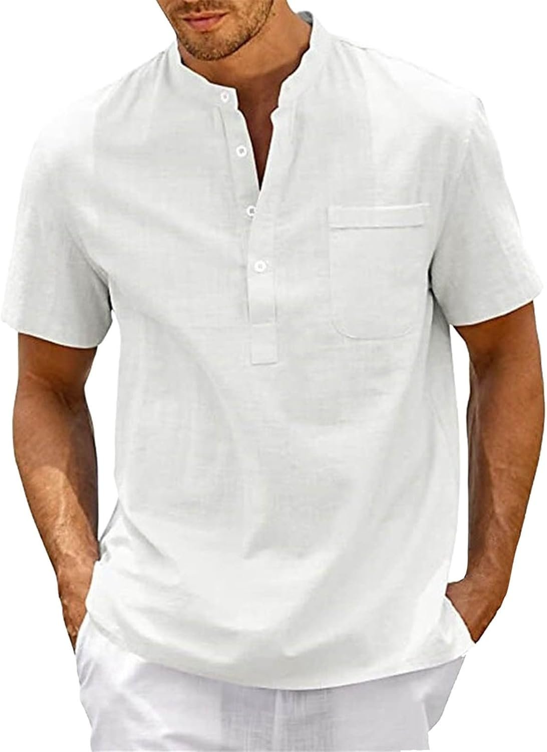 Chemise Homme Lin Blanche Col Henley Manches Courtes