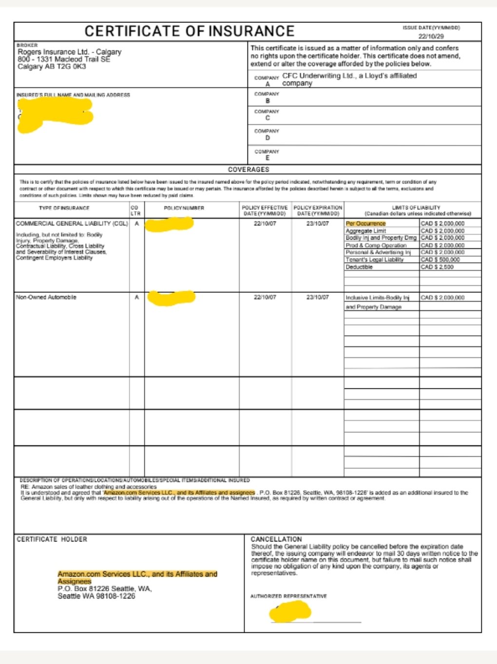 commercial liability insurance proof