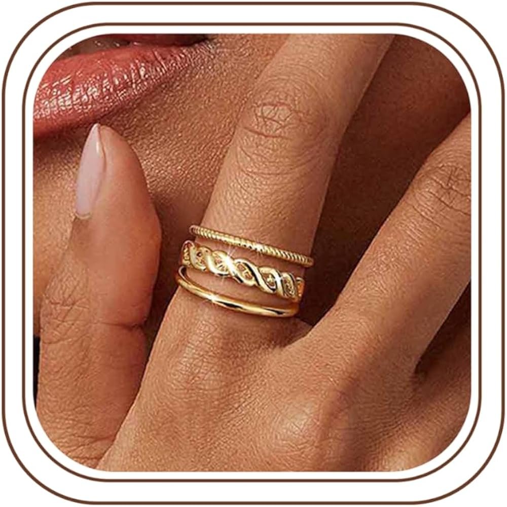 Dochais Lot de 3 bagues en or véritable 14 carats pour femme