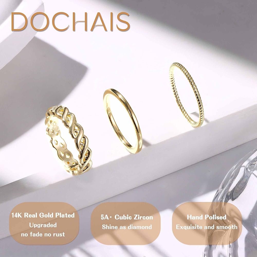 Dochais Lot de 3 bagues en or véritable 14 carats pour femme