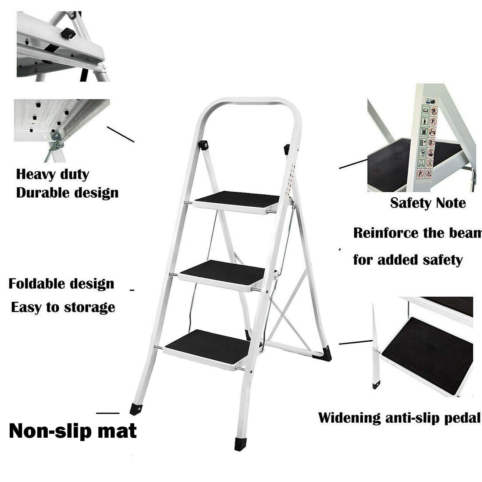 Folding Step Ladder 3 Step Ladder Heavy Duty Steel Step ...