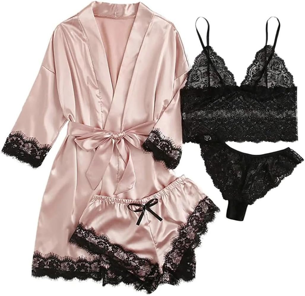 Fulbant 4 Piece Satin and Lace Pajamas Set with Faux Silk Robe for ...