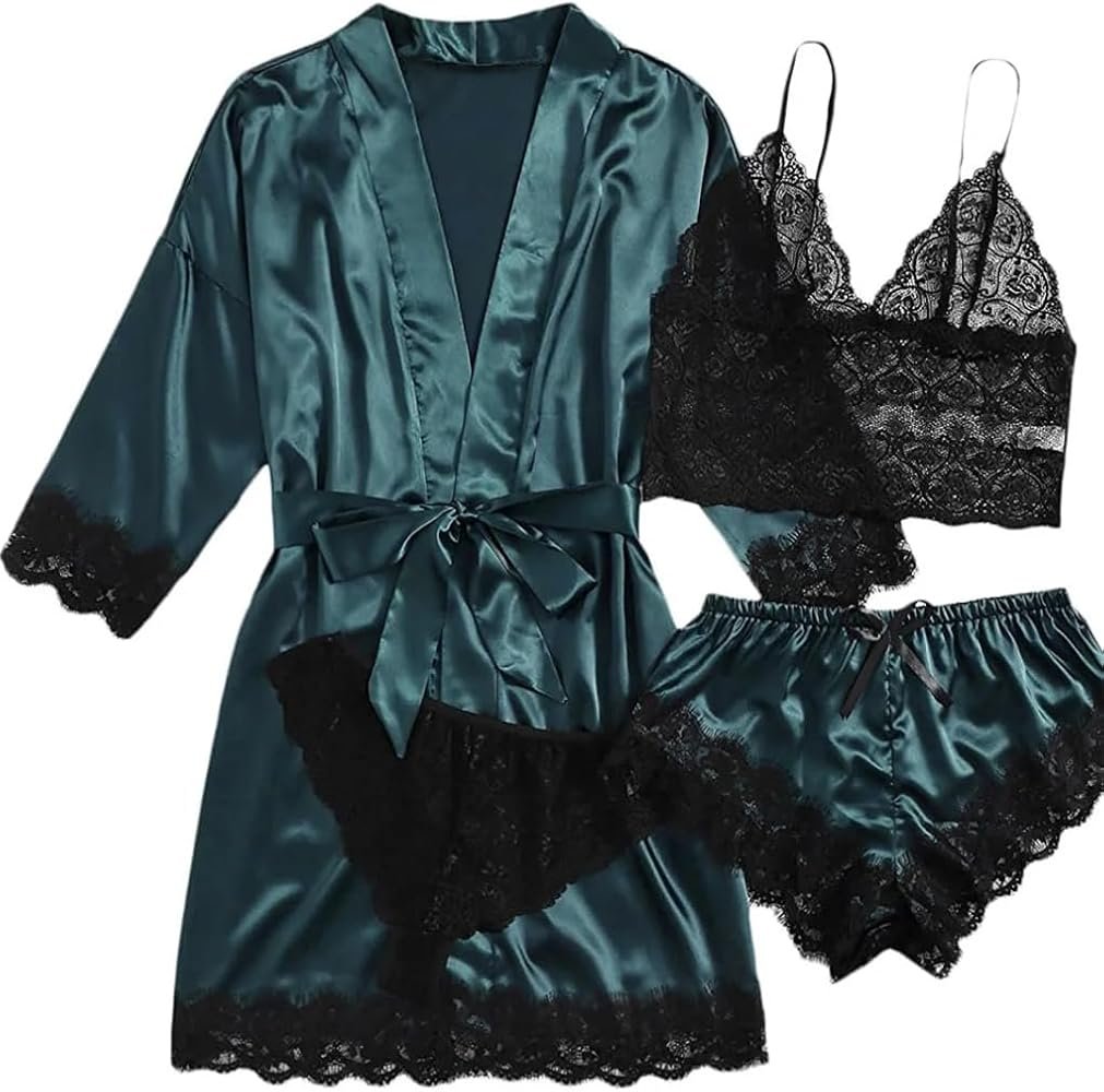 Fulbant 4 Piece Satin and Lace Pajamas Set with Faux Silk Robe for ...