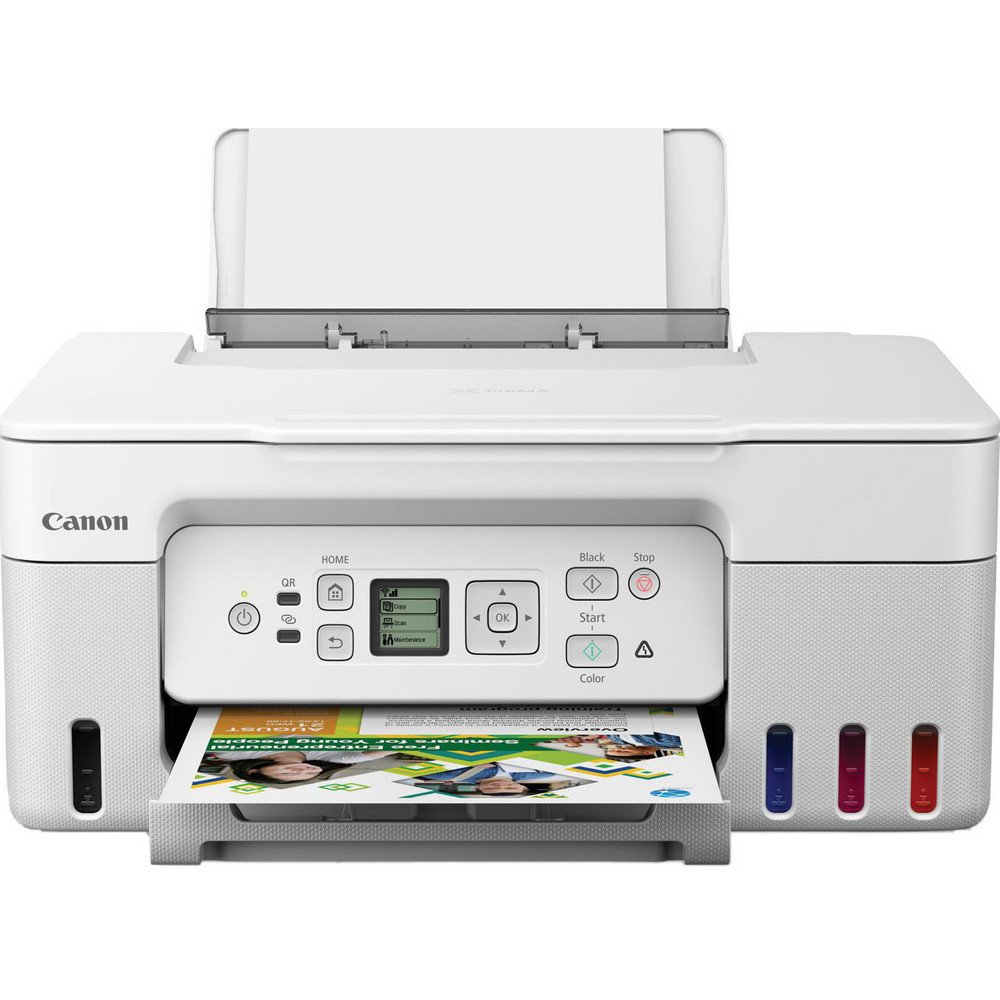A compact white wireless all-in-one inkjet printer offering high-quality prints, scanning, and copyi