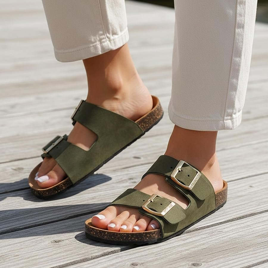 Isotoner Women's Ultra Comfortable Double Strap Sandals, Leather ...