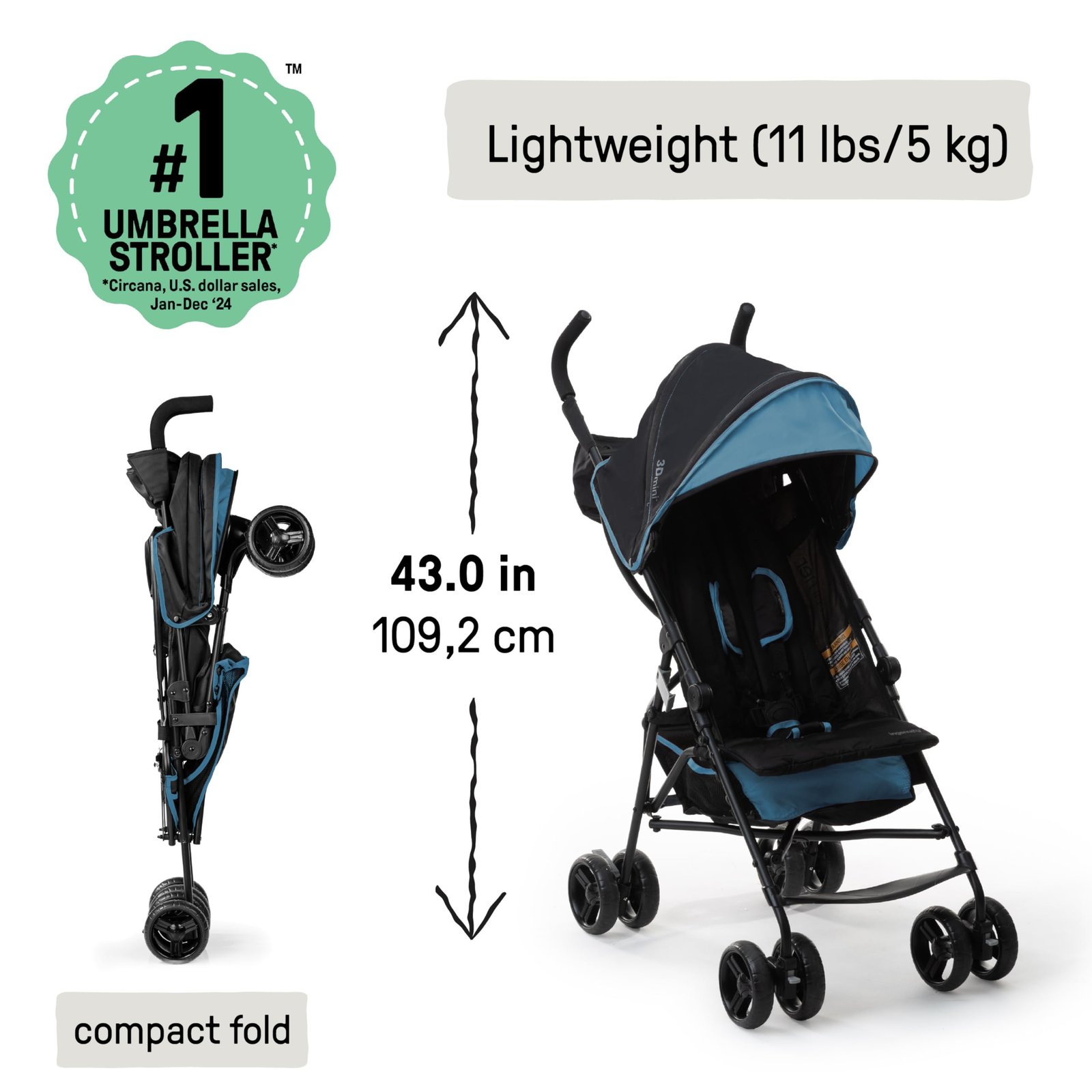 Lightweight stroller with compact fold, multi-position recline, canopy with pop out sun visor and mo