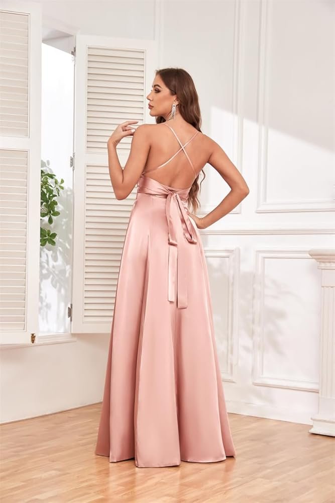 Long Satin Prom Dresses Spaghetti Straps Formal Evening Dress A ...