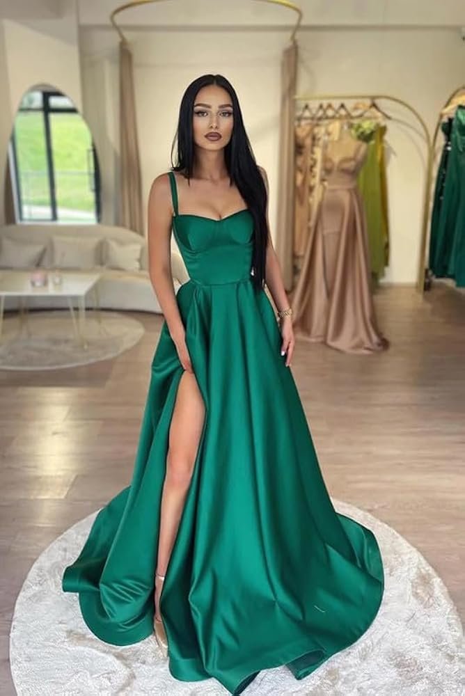 Long Satin Prom Dresses Spaghetti Straps Formal Evening Dress A ...