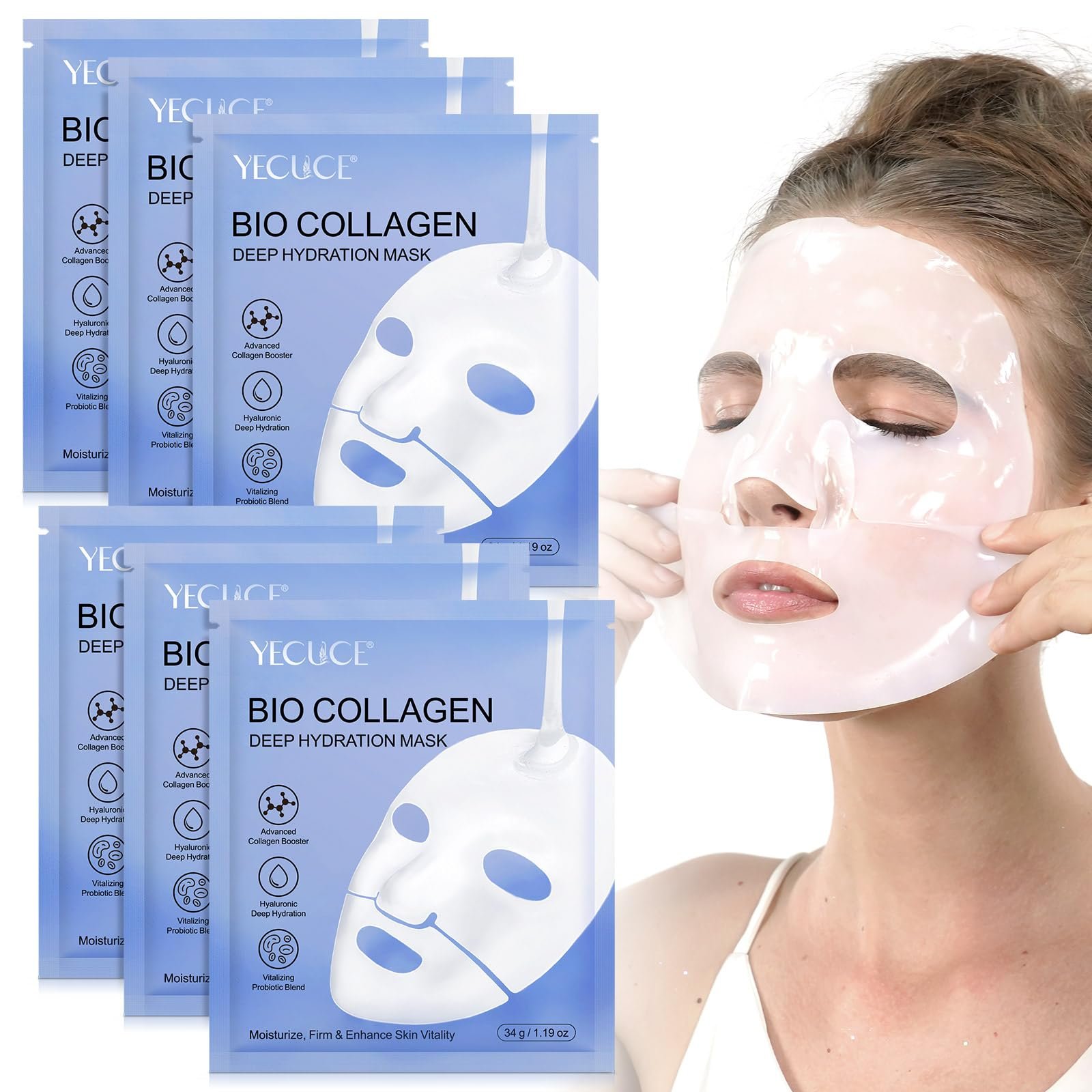 Lot de 6 masques faciaux au collagène, masque enveloppant de ...