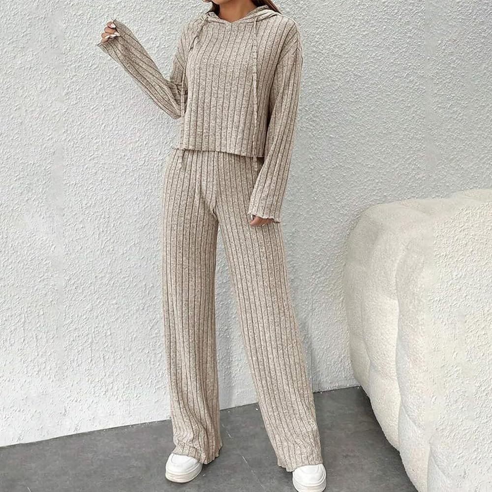 Loungewear Set for Women 2 Piece Tracksuit Ribbed Pyjamas Knit ...