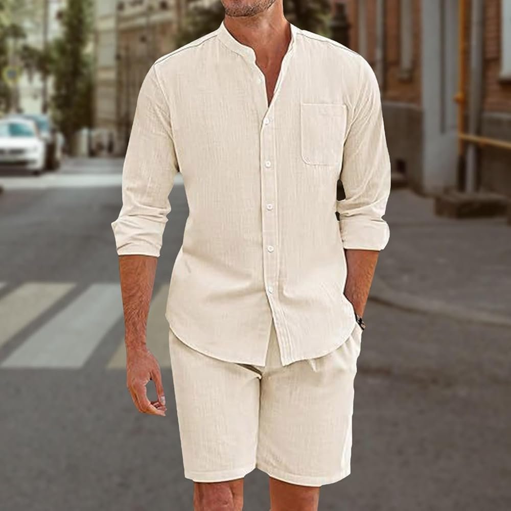 Men's Linen Jumpsuit 2 Piece Set Shirt and Shorts Summer Casual ...