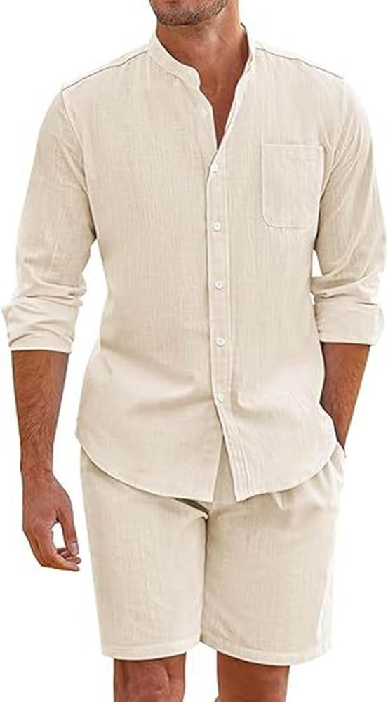 Men's Linen Jumpsuit 2 Piece Set Shirt and Shorts Summer Casual ...