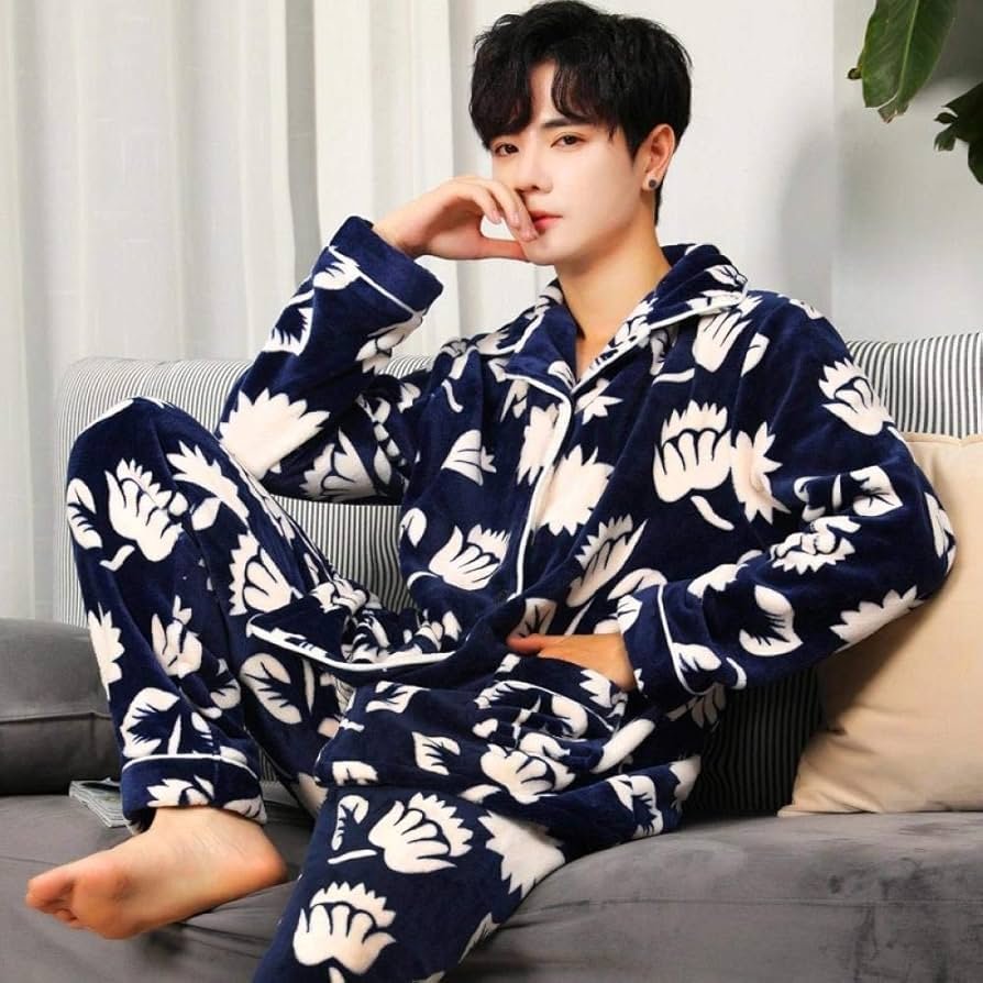 Men's Winter Warm Fleece Pyjamas Set Men's Thick Flannel Long ...