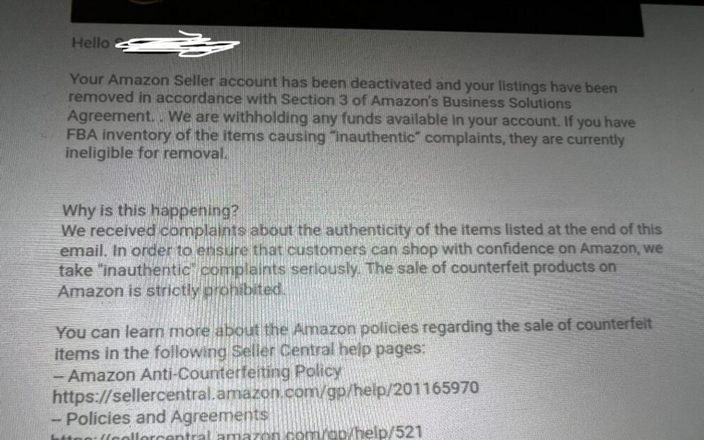 My Seller account has been de-activated due to product authenticity.