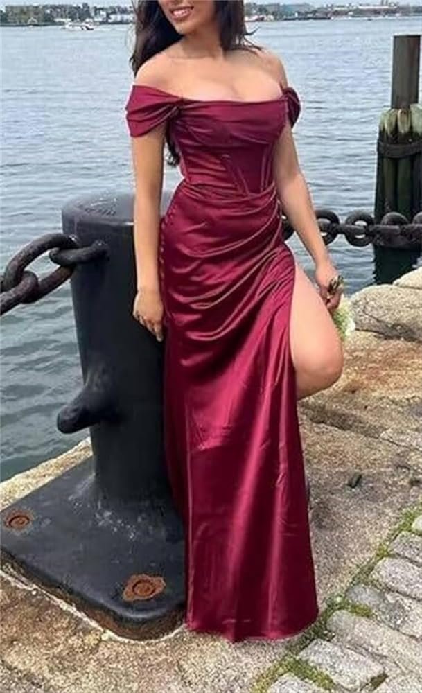 Off-the-Shoulder Prom Dresses With Slit Mermaid Pleated ...