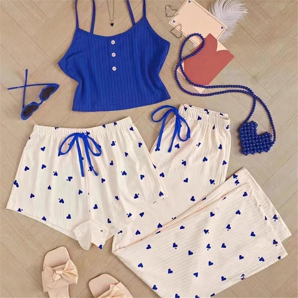 pajamas for women short pants 3 piece set nightgown sleeveless ...