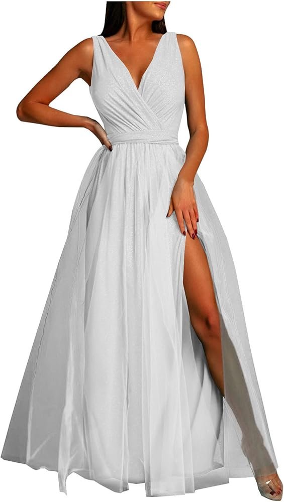 prom dresses for women long sexy tulle solid color sleeveless off ...