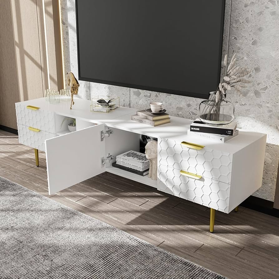 QSOST TV Cabinet, lowboard with Textured Door, TV Furniture ...