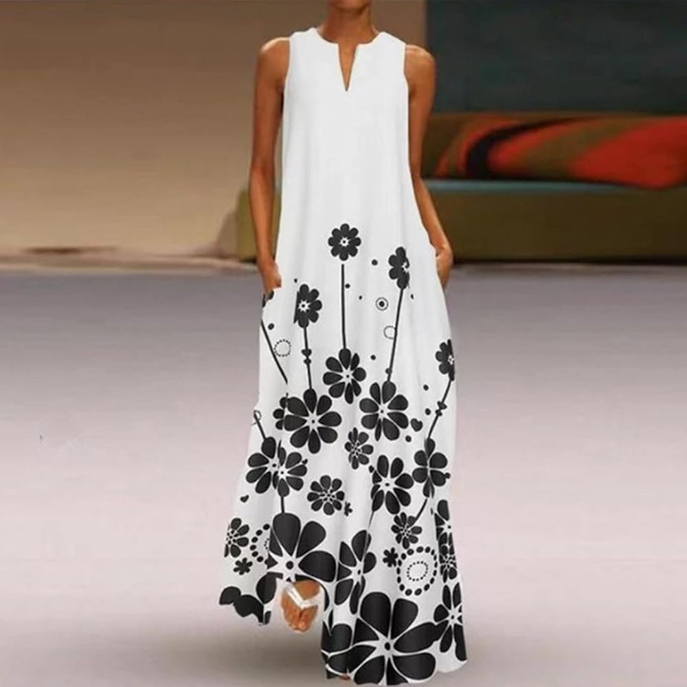 riou Women's Elegant Long Summer Sleeveless Floral Print Retro ...
