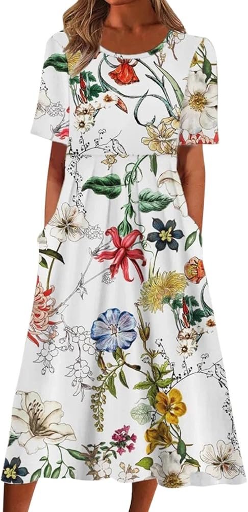 Robe d'Été pour Femmes Décontractée Col Rond Poche à Manches ...