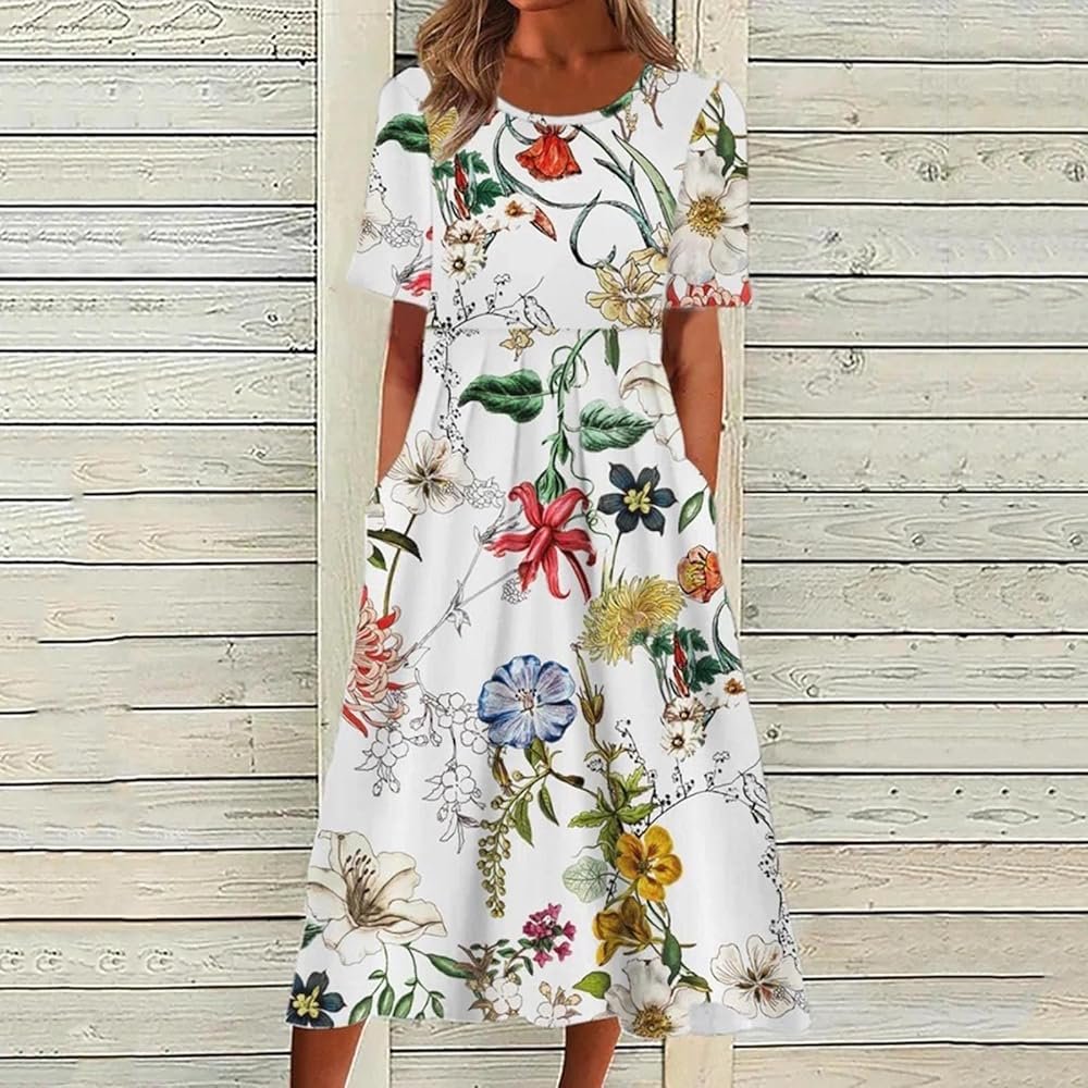 Robe d'Été pour Femmes Décontractée Col Rond Poche à Manches ...