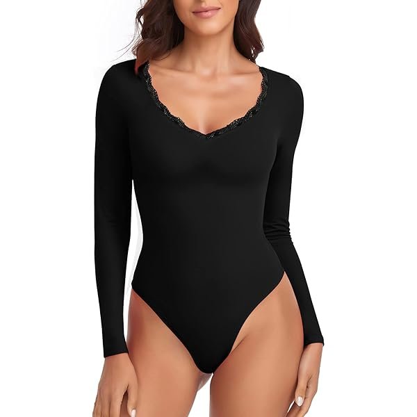RoomTour Bodys pour Femmes col en V profond Bodysuits longues ...