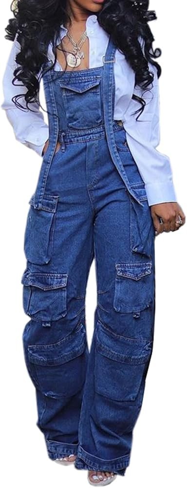 S Denim Multi-Pocket Washed Bib Jumpsuit Straight Leg ...