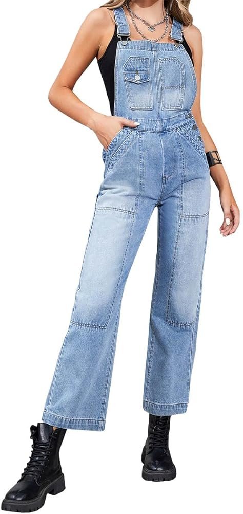 S Denim Multi-Pocket Washed Bib Jumpsuit Straight Leg ...
