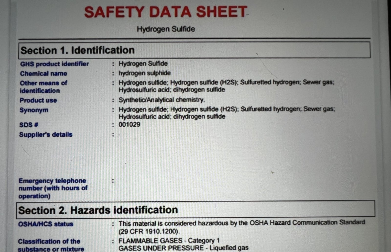 Safety Data Sheets Issue