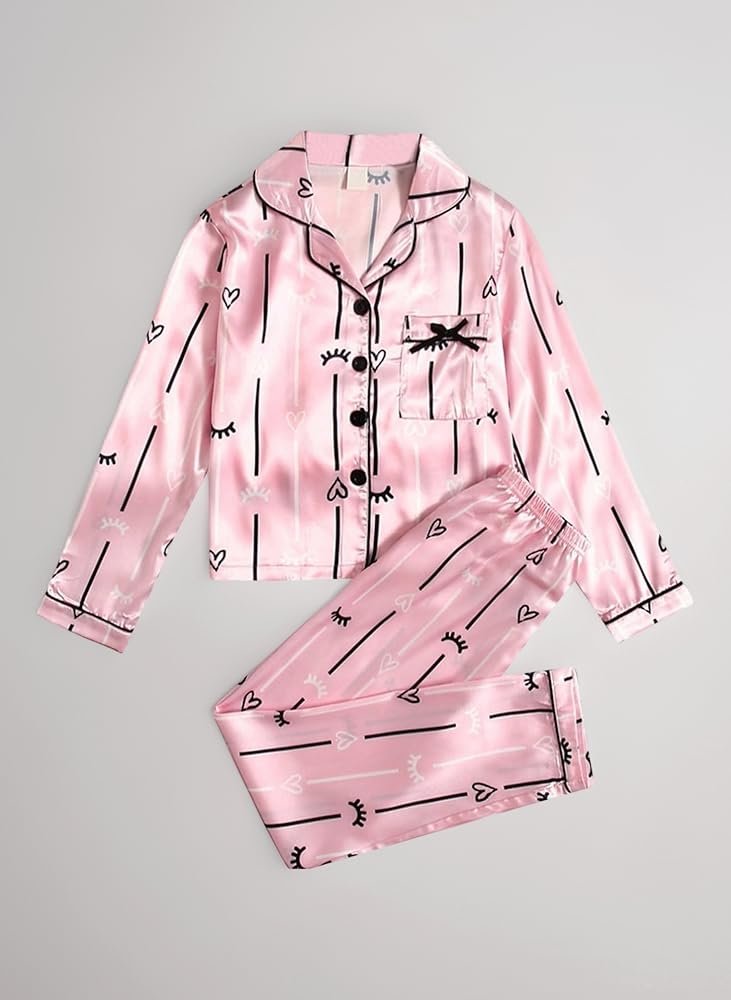 Satin Pajamas Set for Girls 2Pj Silk Nightwear Buttoned Sleepwear ...