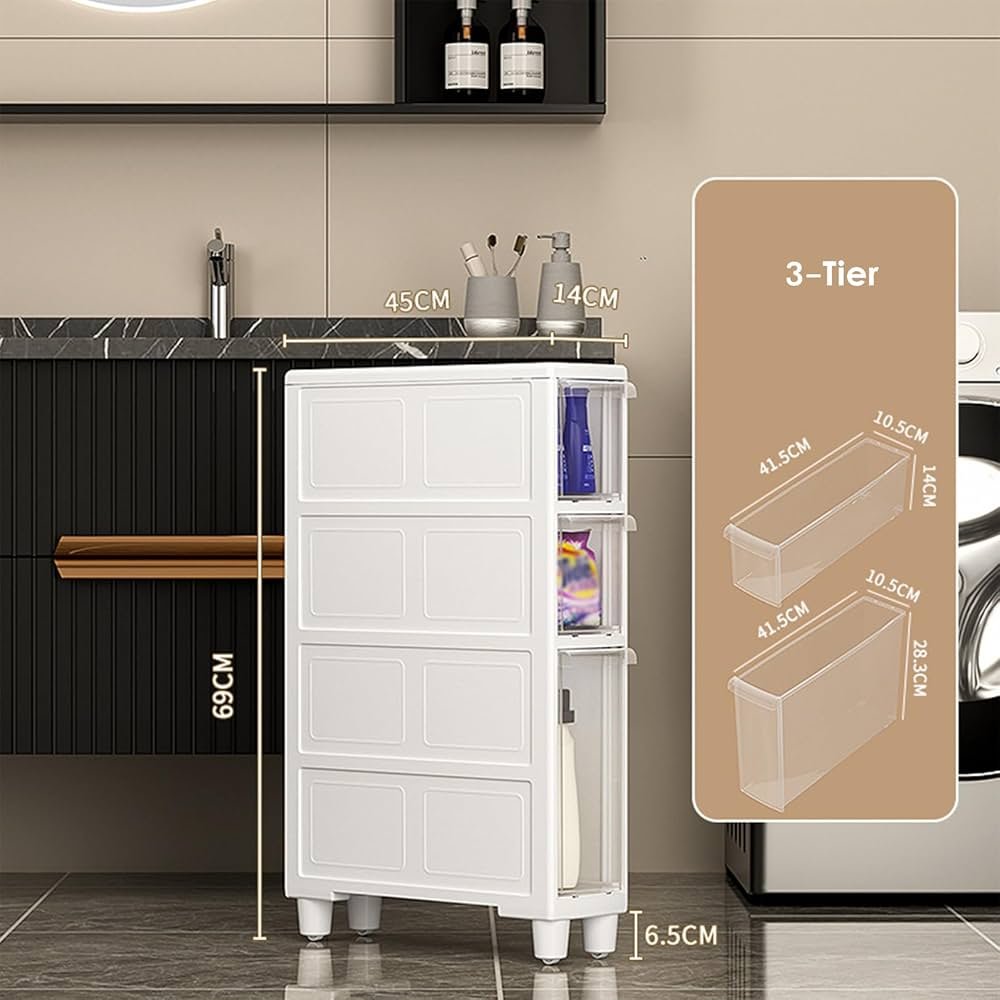 Slim White Bathroom Storage Unit with Multiple Tiers and Drawers ...