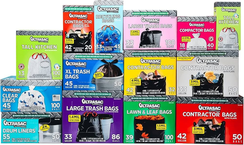 Ultrasac Heavy Duty 45 Gallon Garbage Bags (Huge 100 Pack w/Ties)